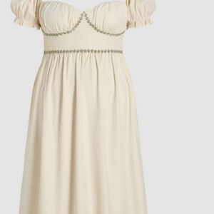 Peasant Dress Puffed Sleeve Square Neck Embroidered Floral Satin Dress Romantic